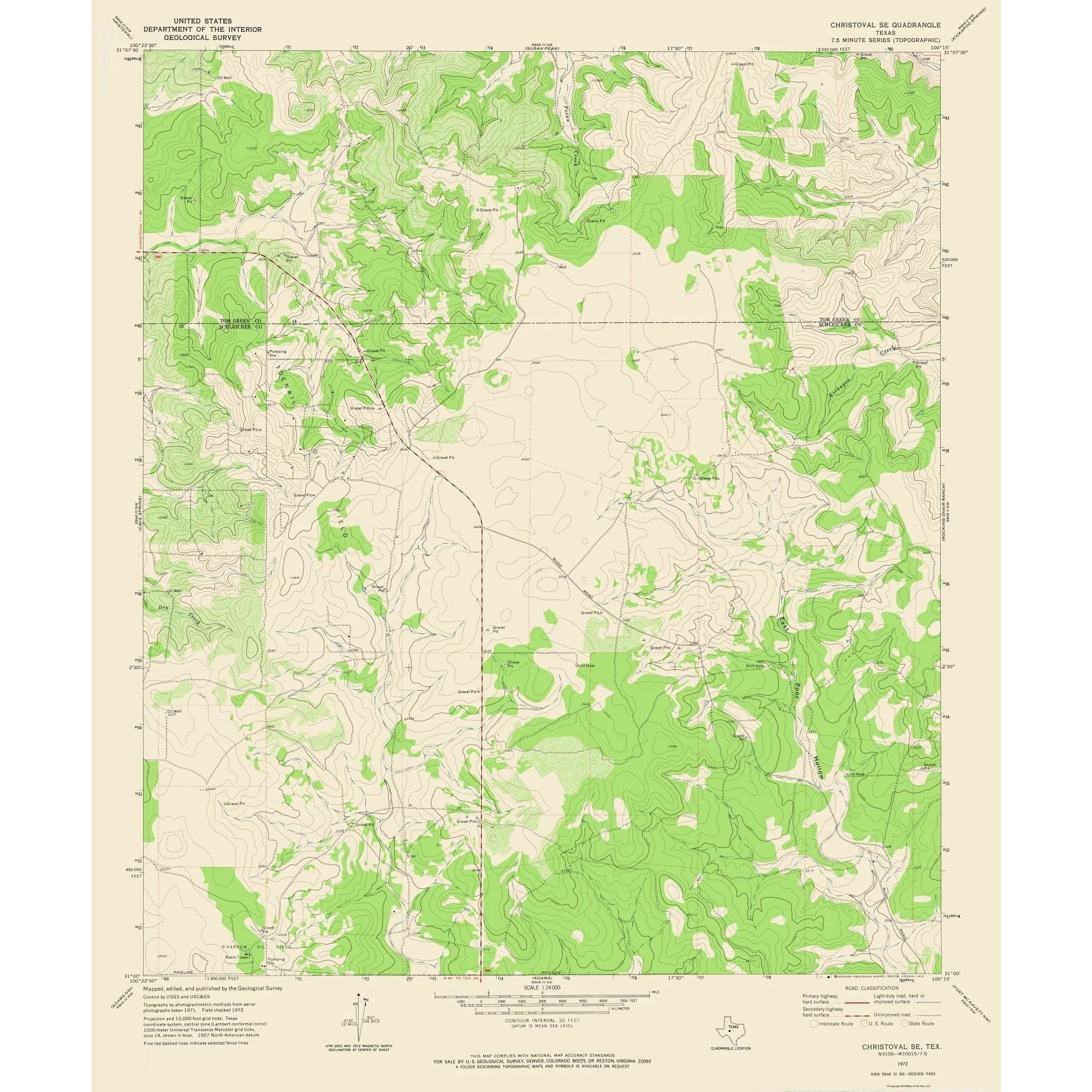 Topographical Map Christoval Texas South East Quad USGS 1972 23