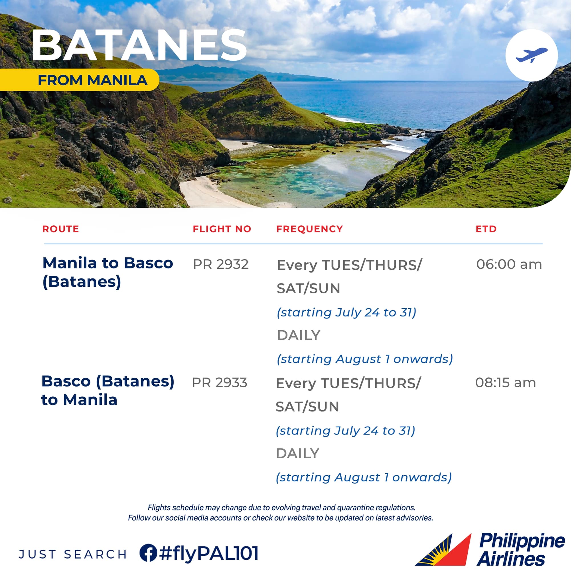 Starting August 1, 2022, we will operate daily flights to Batanes. Mara Travel Corporation