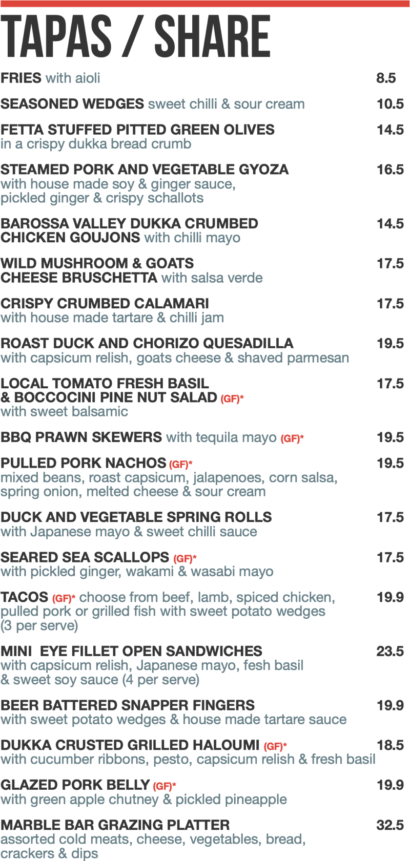 Menu Marble Bar Bistro