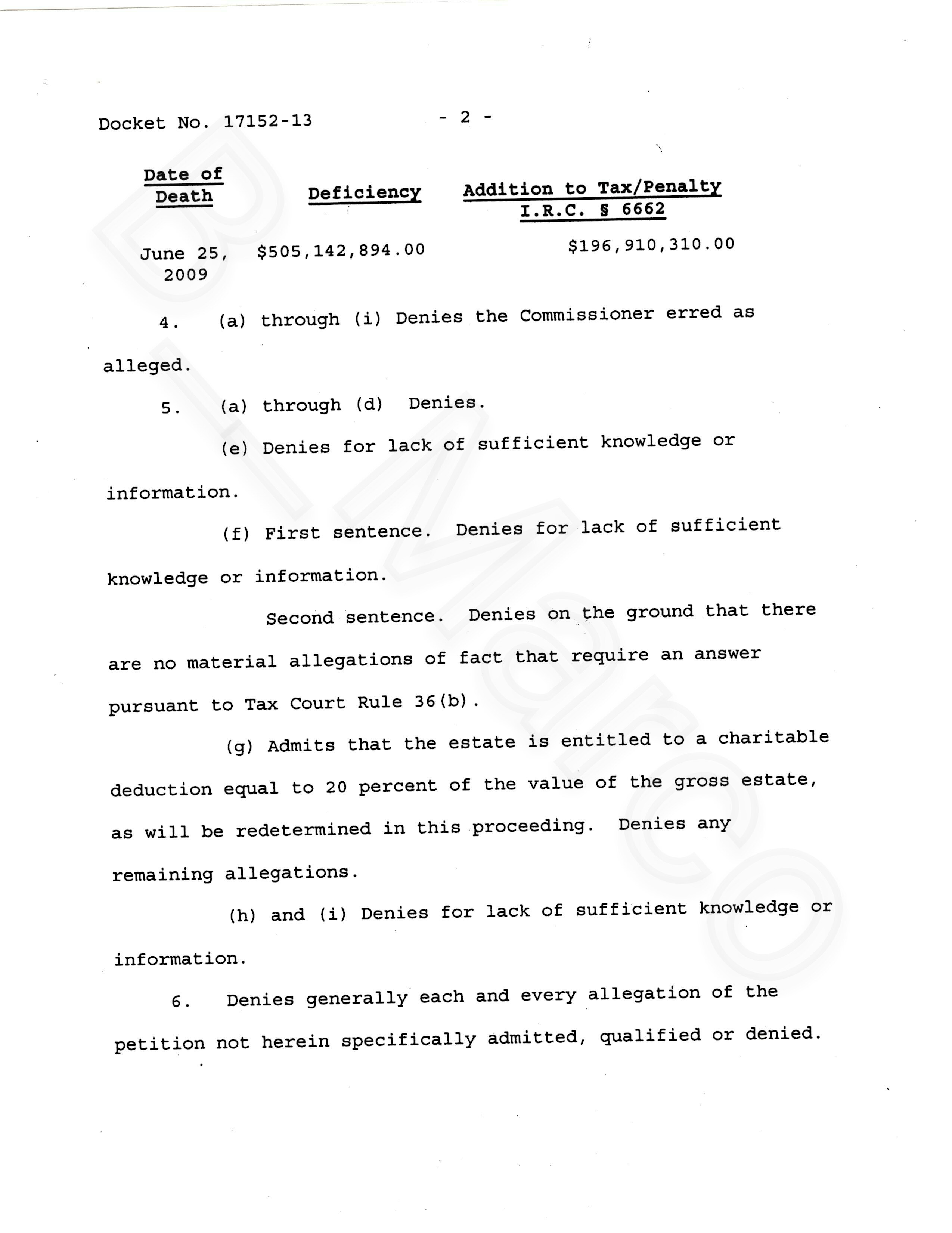 IRS “Notice of Deficiency” addressed to Michael Jackson Estate (08/20