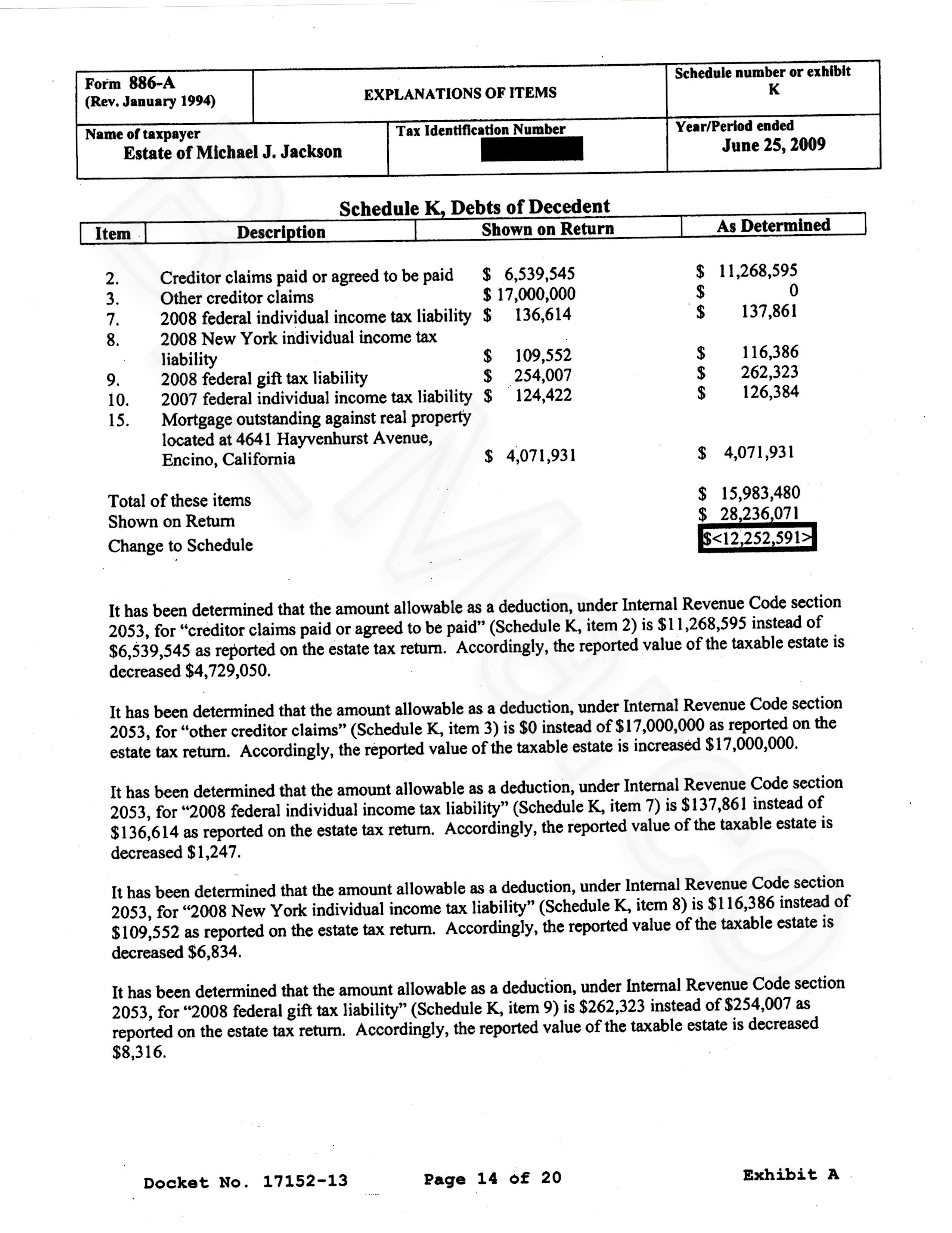 IRS “Notice of Deficiency” addressed to Michael Jackson Estate (08/20