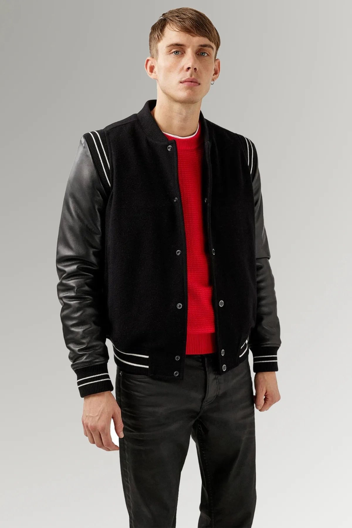 Men's Varsity Fleece with Sleeves Real Leather Jacket