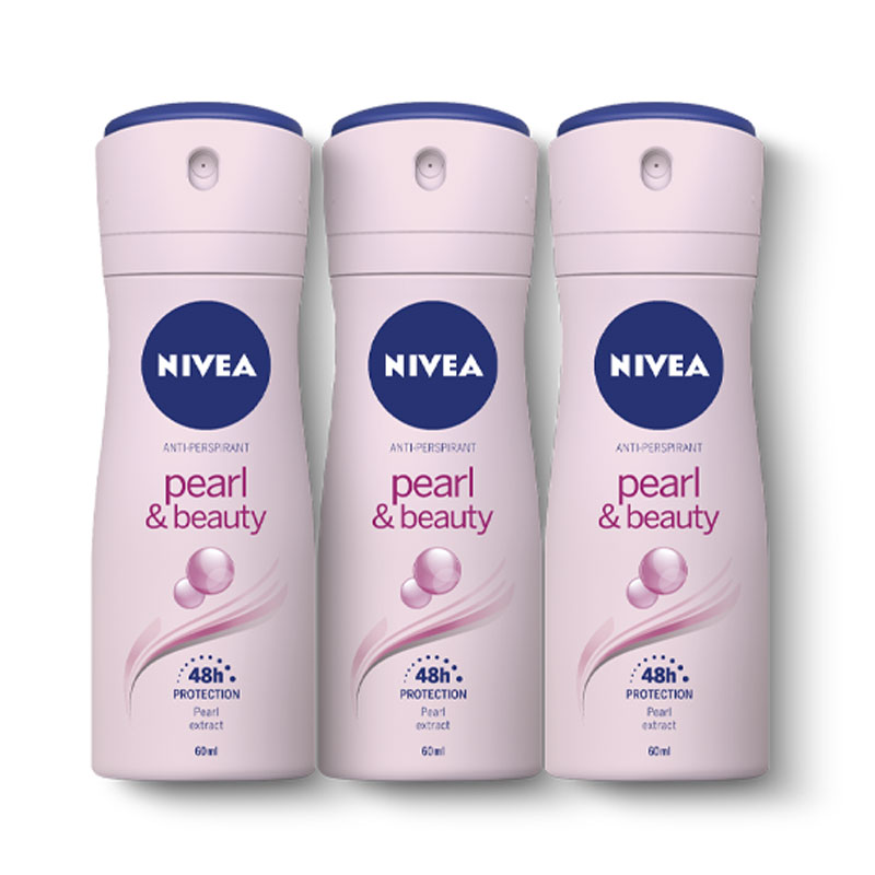 Nivea Pearl And Beauty Spray 60 ml x 3.นีเวีย สเปรย์ระงับกลิ่นกาย สูตร