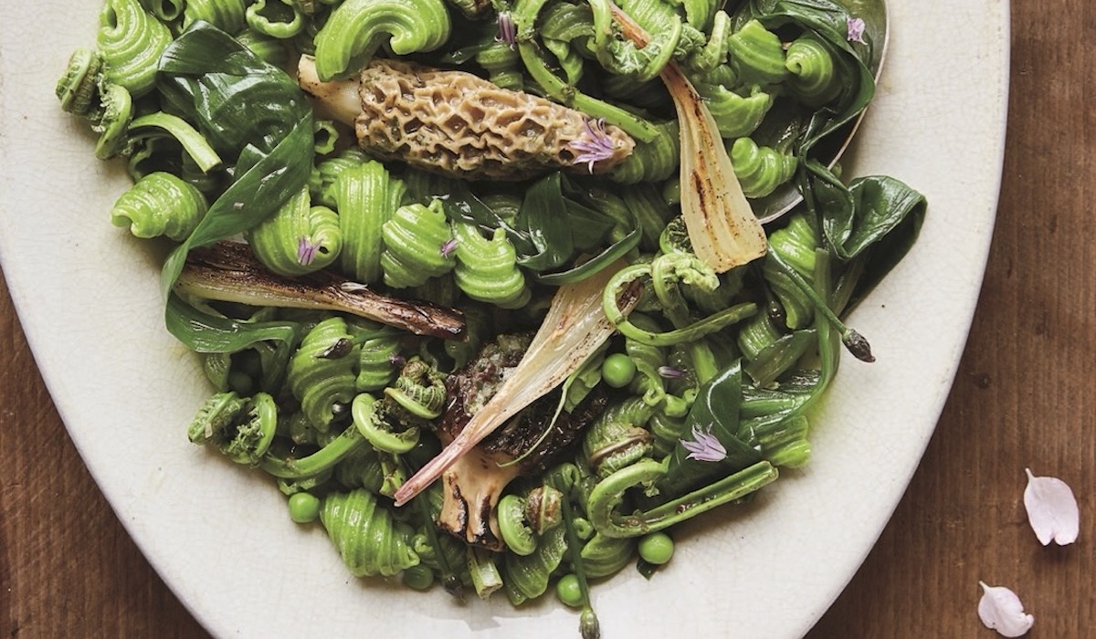 Sunday Paper Dinner Table Ramp Top Pasta with Morels and Fiddleheads