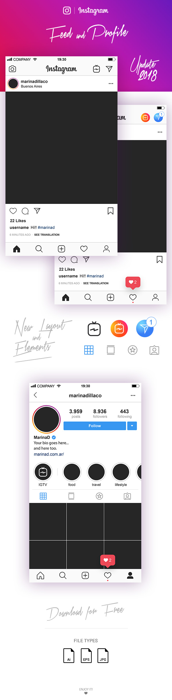 FREE Instagram Layout Feed and Profile UI 2018 MarinaD