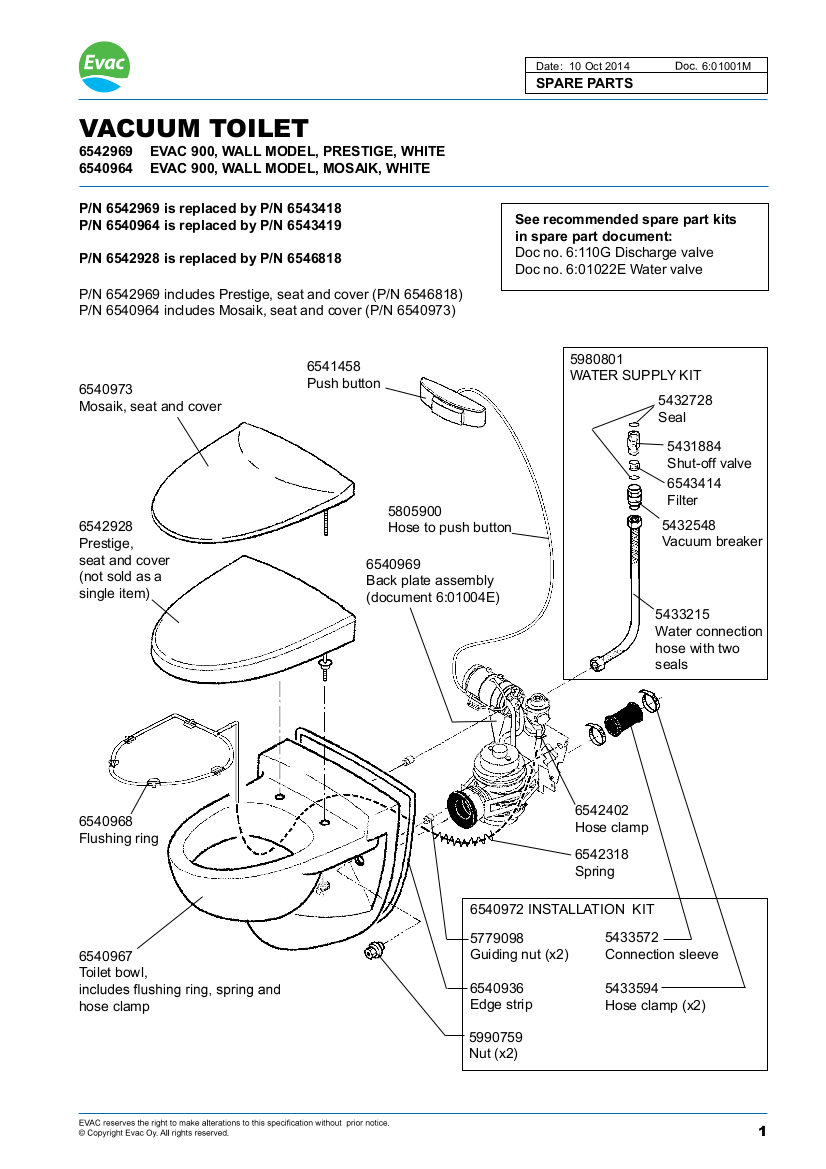 Part Numbers and Technical Documentation for EVAC 900 Toilets Marine