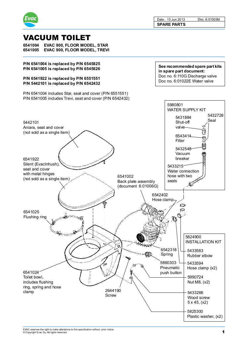 Part Numbers and Technical Documentation for EVAC 900 Toilets Marine