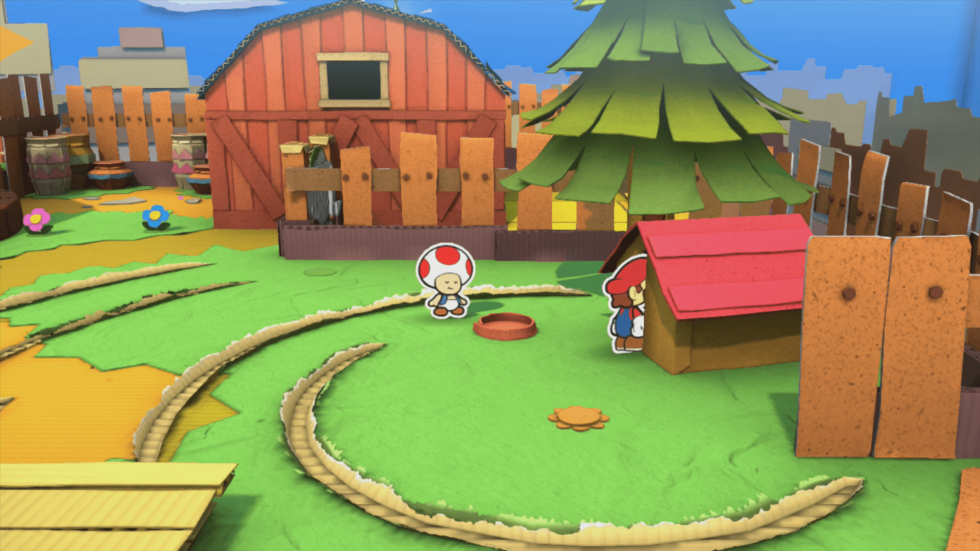 The level starts you off in front of a yellow Toad house. Color in