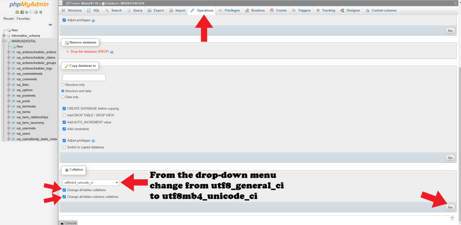 phpMyAdmin How to Convert utf8_general_ci Database to utf8mb4_unicode