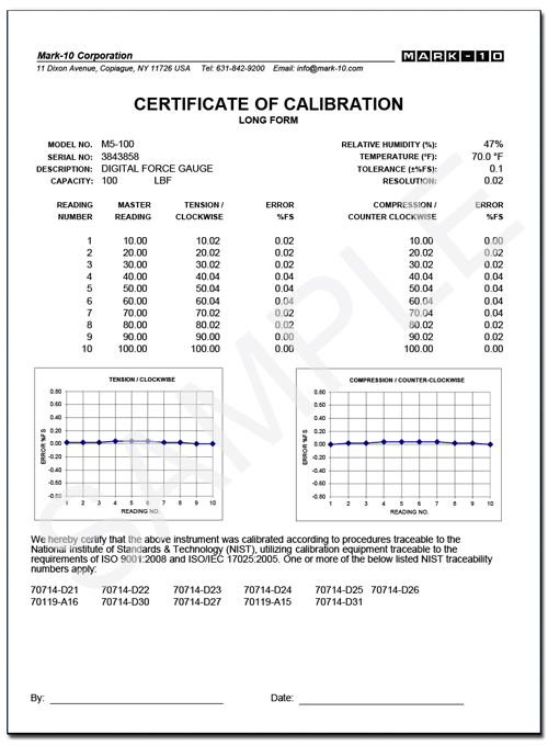 Certificates Of Calibration and Conformance Mark10 Force and Torque
