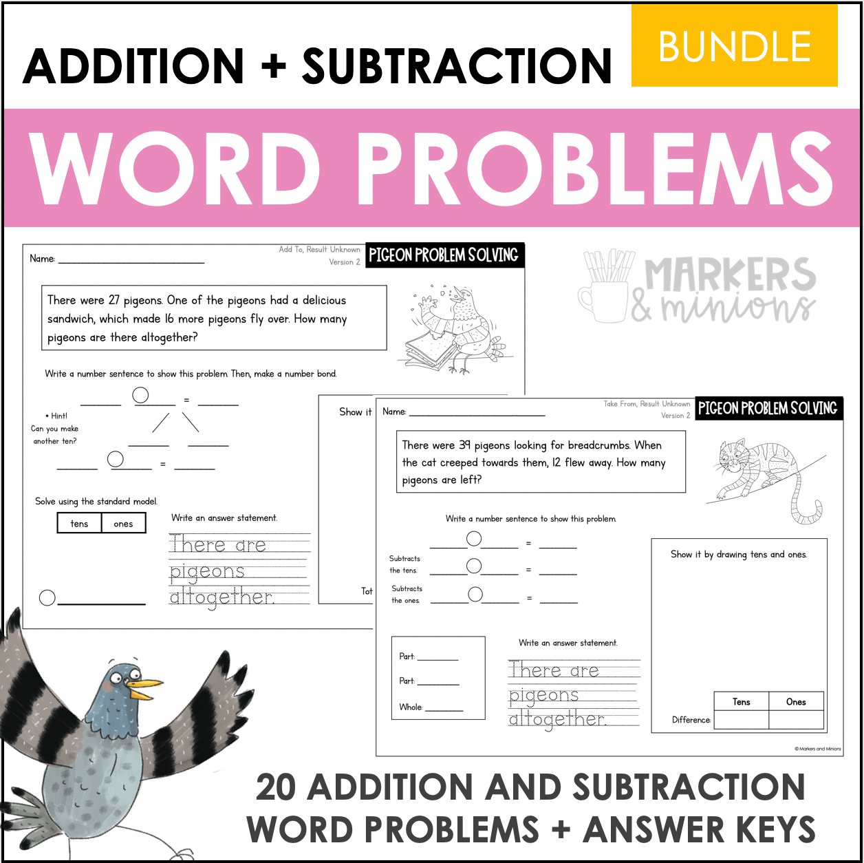 Double Digit Addition + Subtraction Word Problems Bundle - Markers