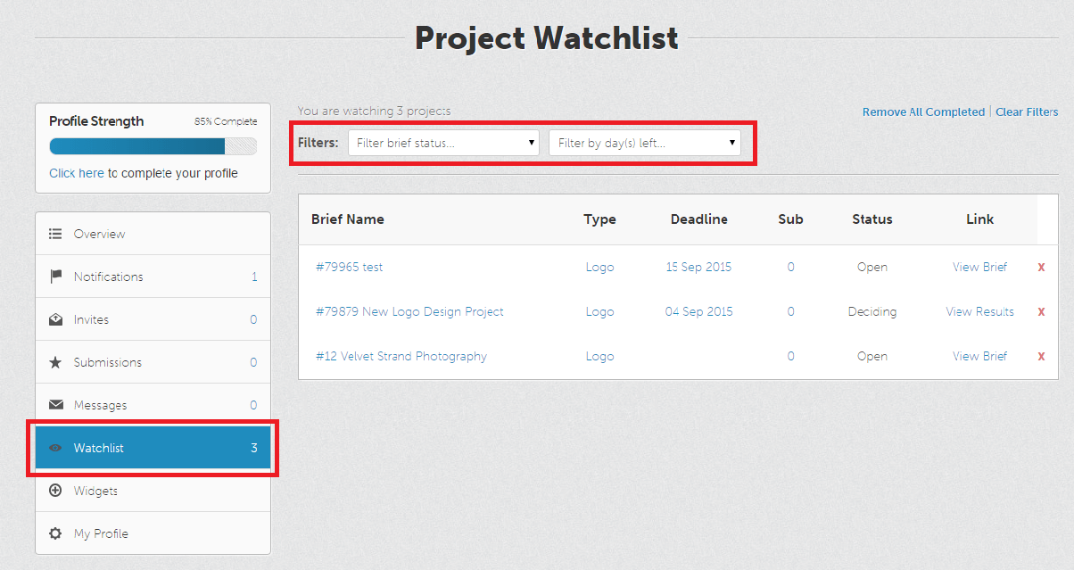 What is the Watchlist feature on DesignCrowd and how does it work