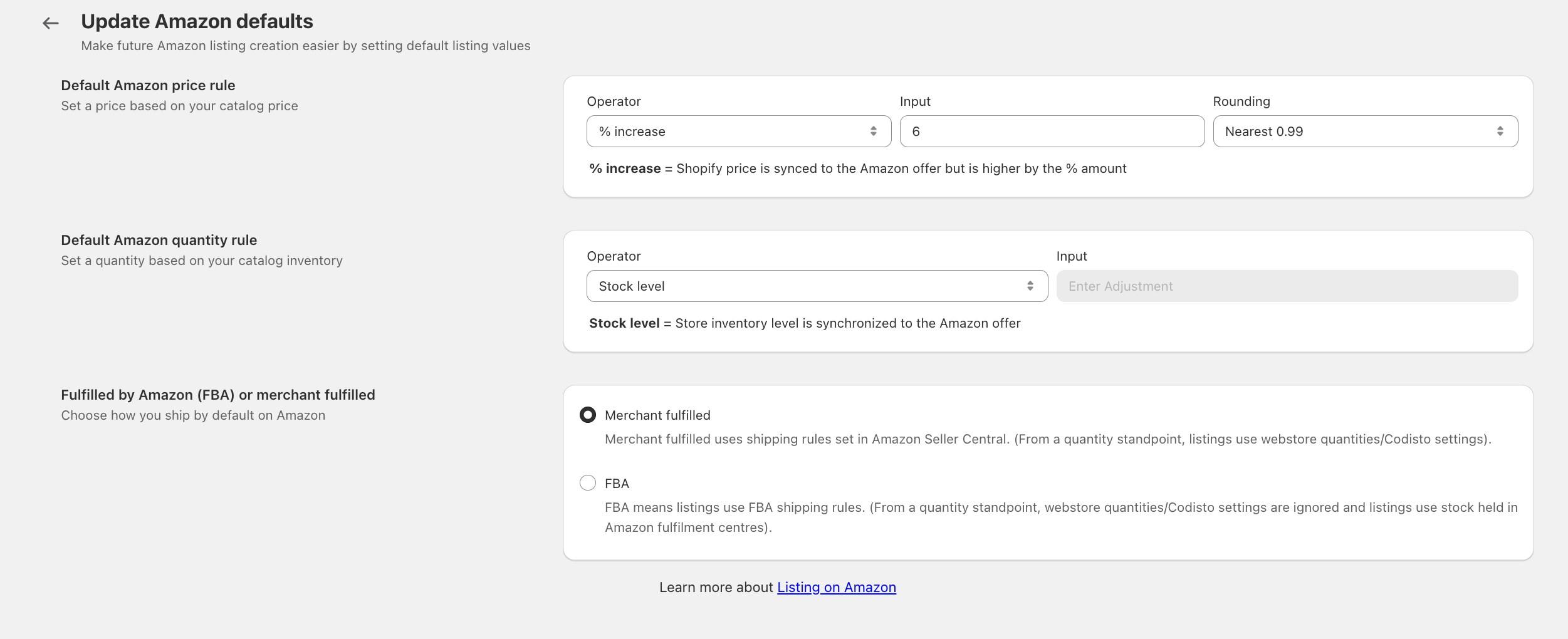 Setting Amazon Listing Defaults Shopify Marketplace Connect
