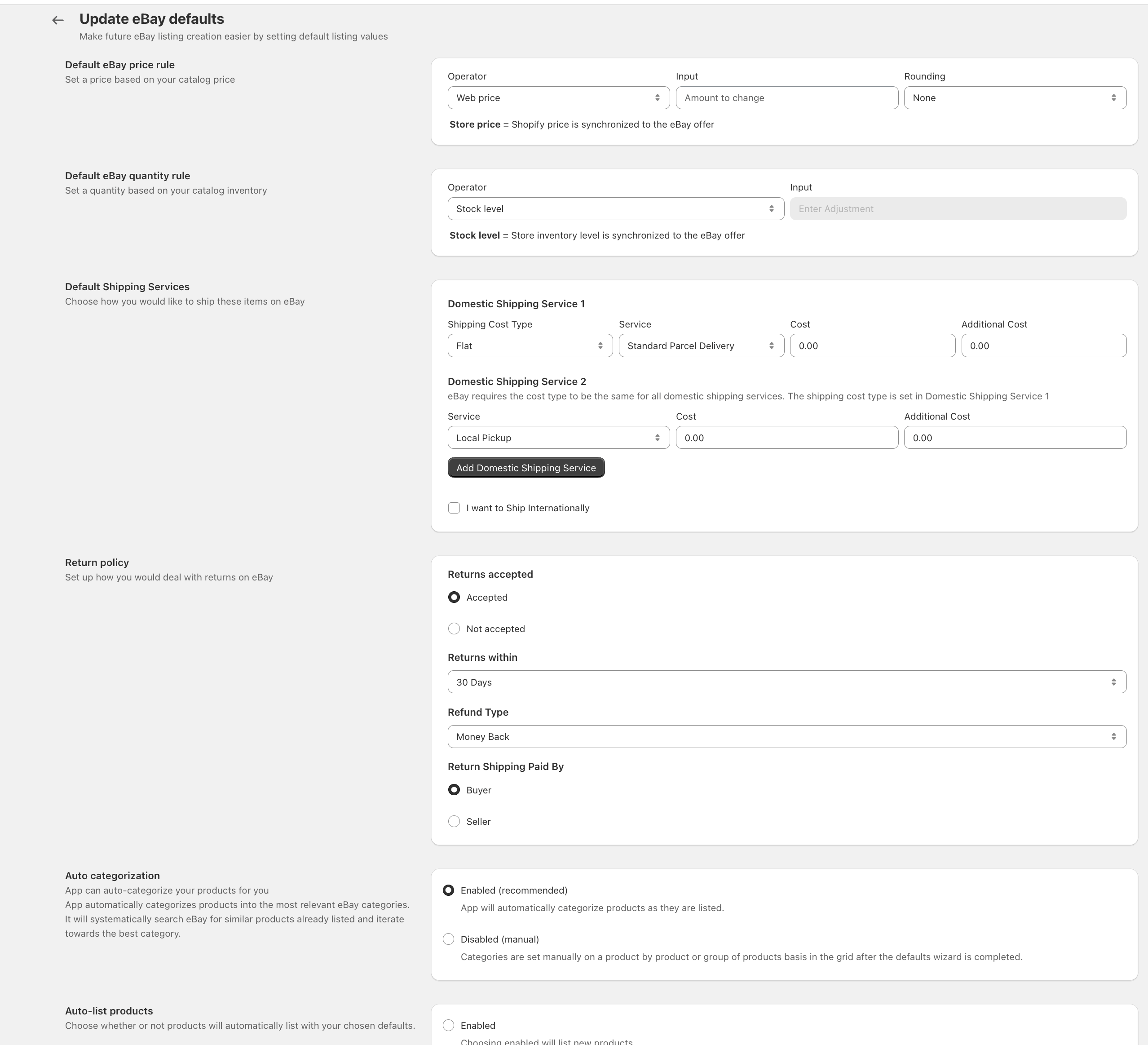 Setting ebay defaults Shopify Marketplace Connect