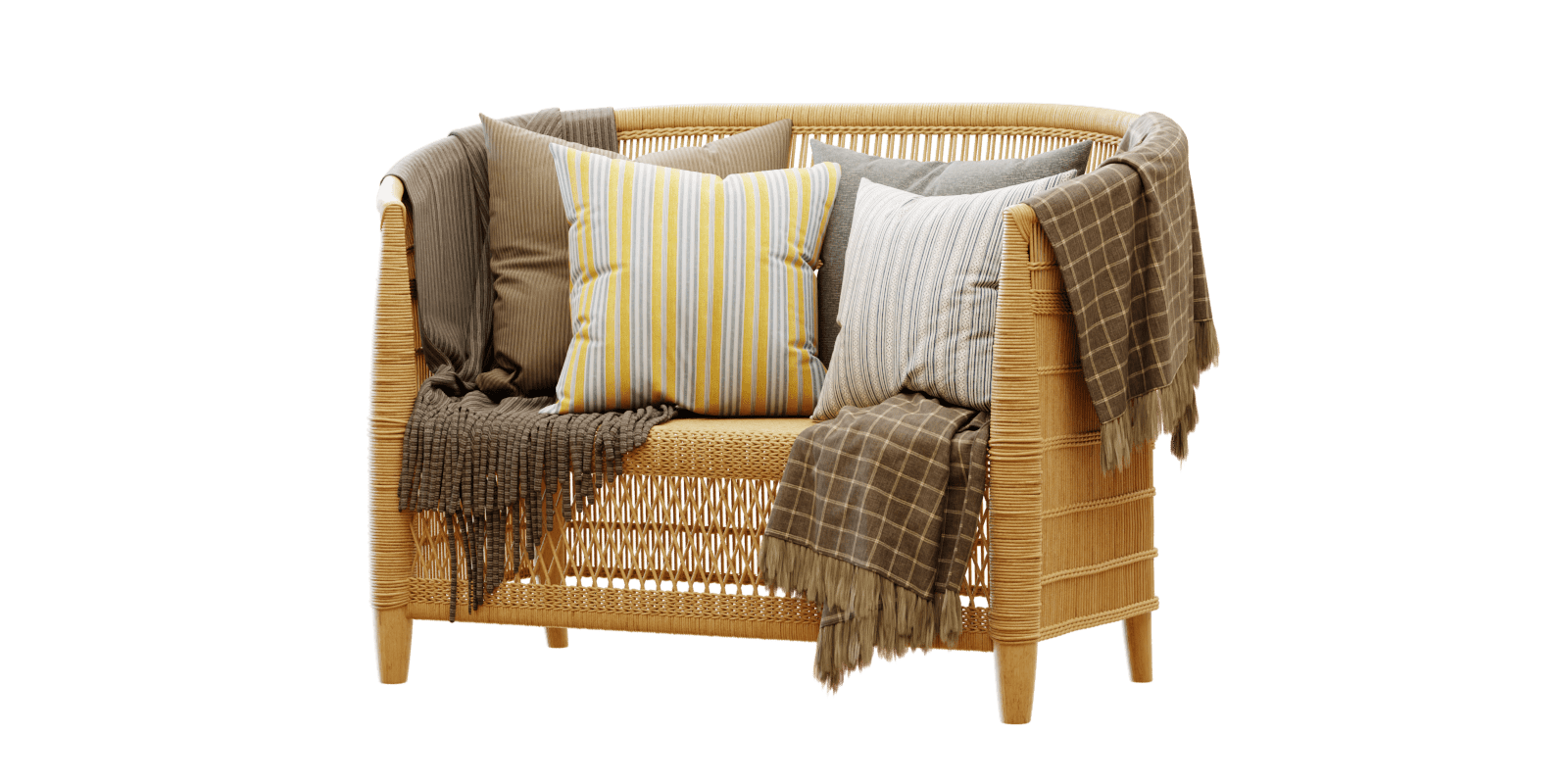 sofa exterior outdoor Malawi Rattan Sofa with pillows and plaid