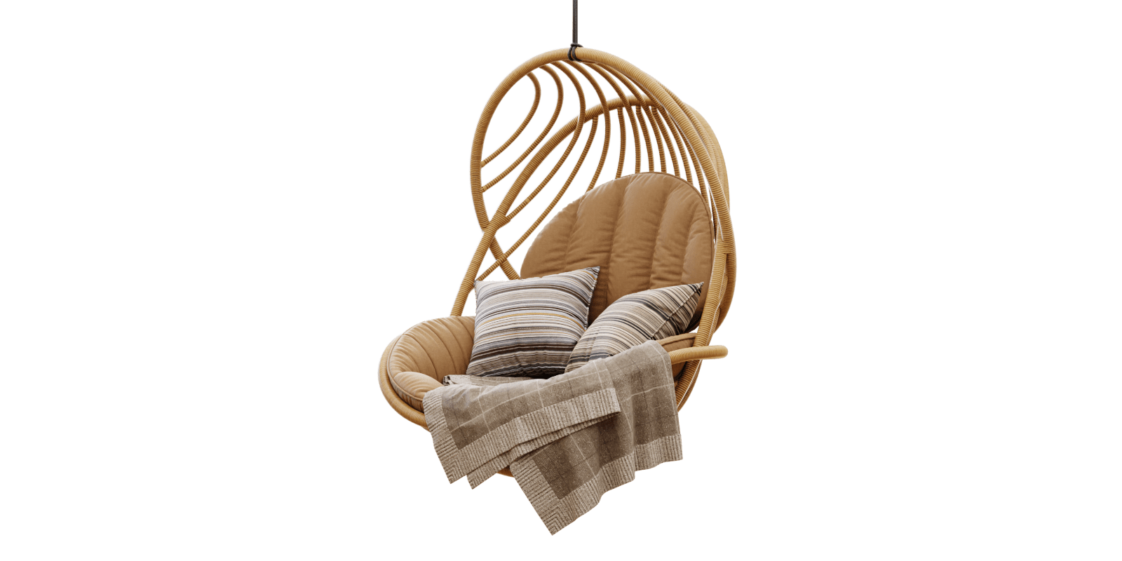 chair Hanging lounge ratan chair with pillows and plaid by Dedon outdoor or exterior swing