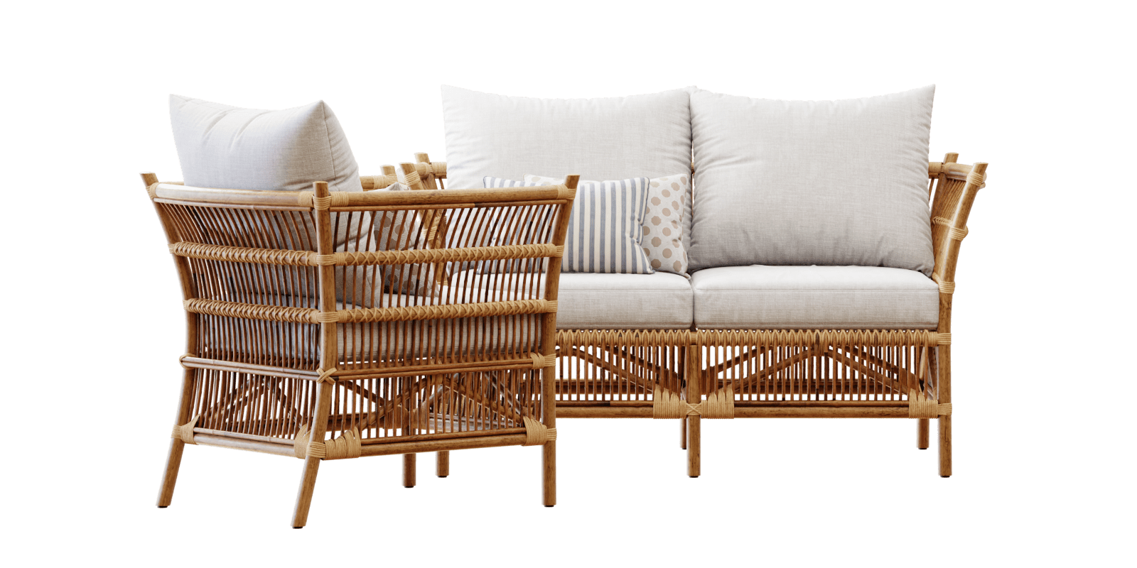 ratan set Donatello ratan sofa and armchair with pillows sofa with