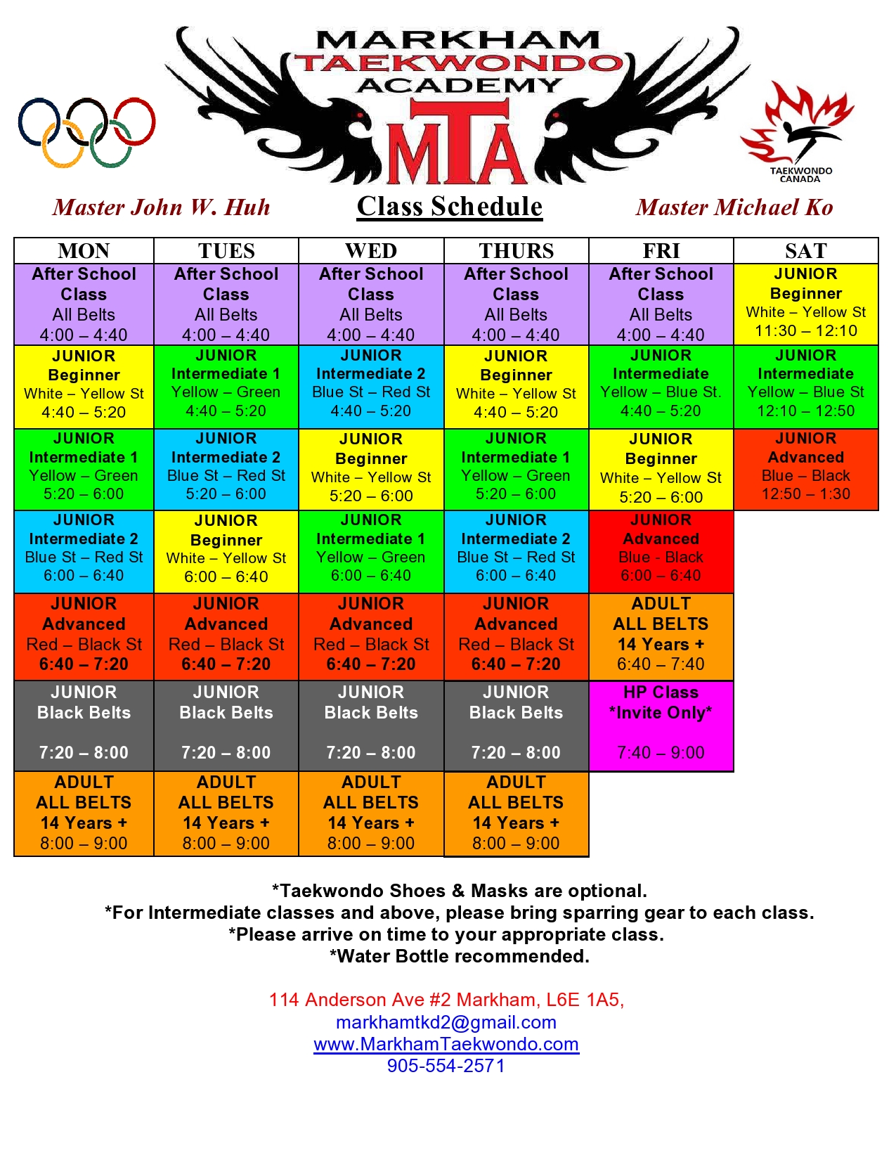 Schedule Fall 2022 Markham Taekwondo Academy and Martial Arts