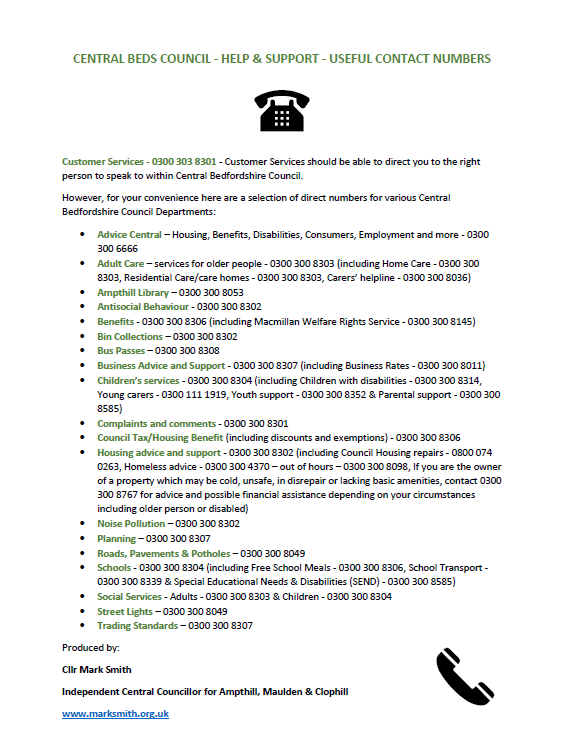 Phoning Central Bedfordshire Council Here are those important numbers