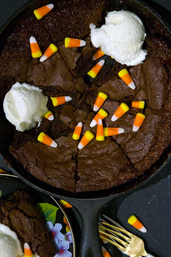 Melted Candy Corn Skillet Brownie recipe For leftover Halloween candy!