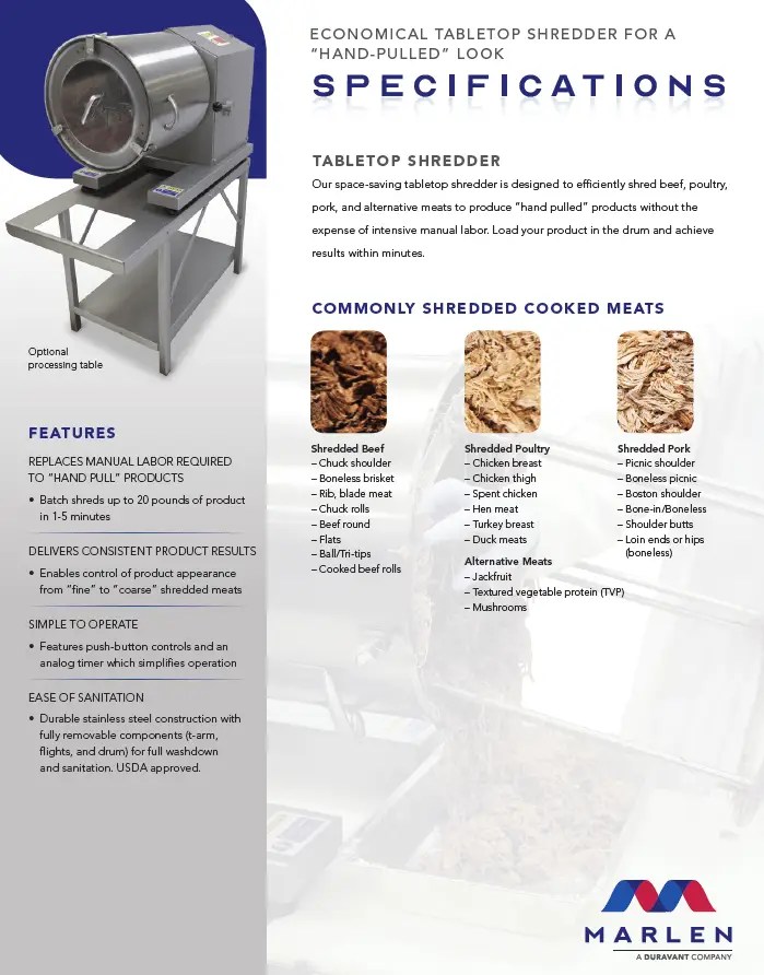 Tabletop Meat Shredder Spec Sheet Marlen