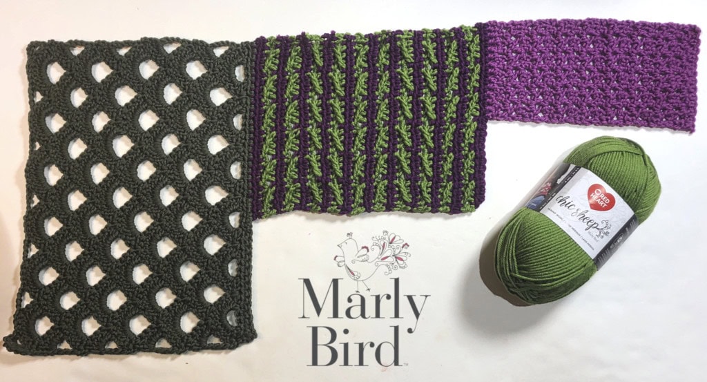 Three Tunisian crochet swatches—openwork green, striped green-purple, and solid purple—lie beside a skein of green yarn.