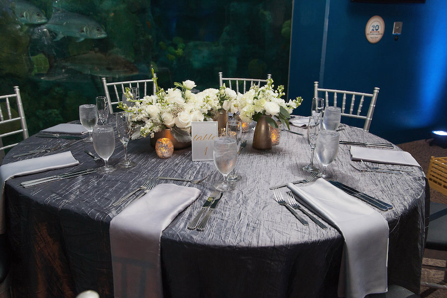 Grey/Silver Wedding Table Linens with Grey Silk Napkins and White