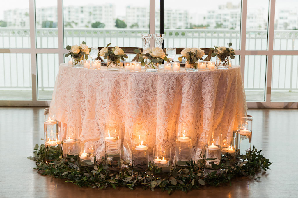 Wedding Reception Sweetheart Table with Textured Blush Pink Linen