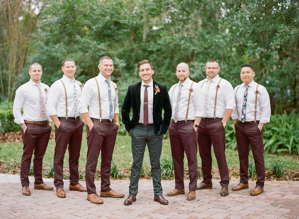Outdoor Florida Groom and Groomsmen Wedding Portrait, Groom in Green