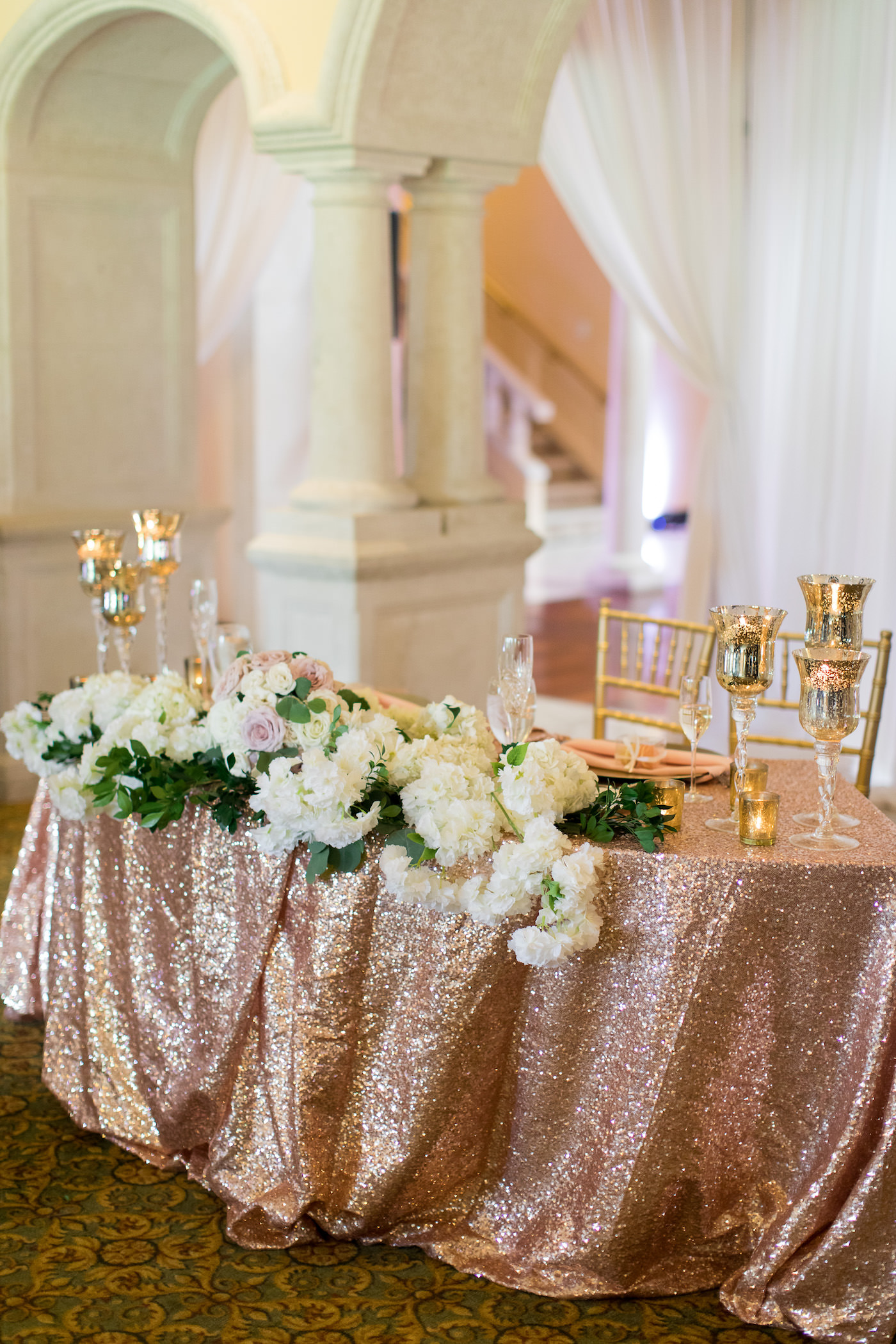 Tampa Wedding Sweetheart Table with Blush Pink Rose Gold Sequin Table