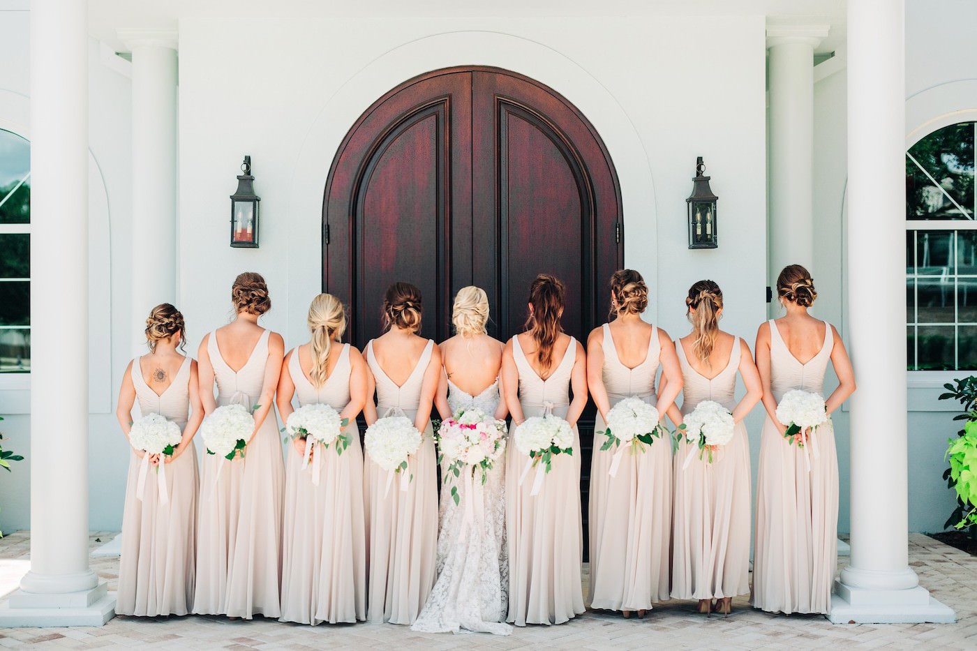 Outdoor Wedding Bridal Party Portrait Neutral Nude Champagne Watters Bridesmaid Dresses from