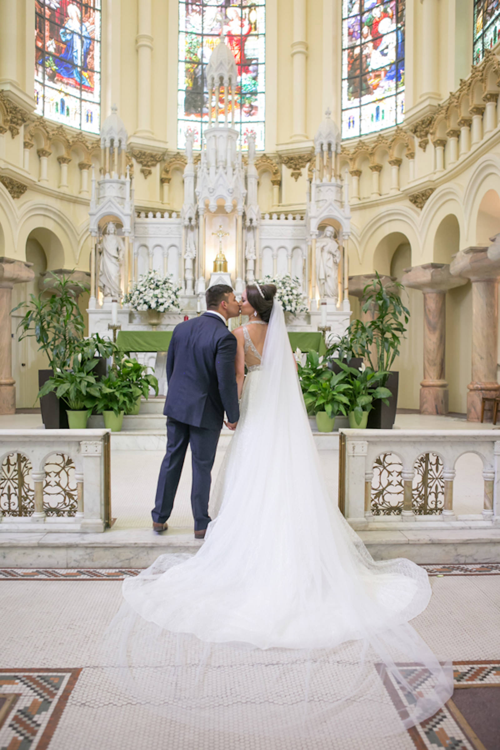 Indoor Downtown Tampa Bride and Groom Portrait at Traditional Catholic