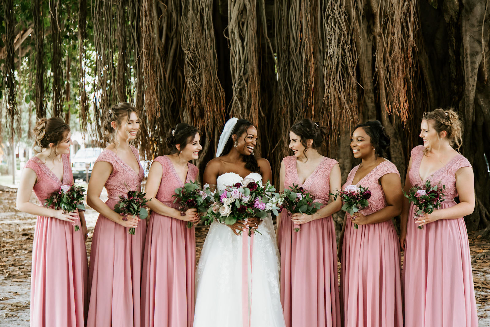 Bride and Bridesmaids Outdoor Portrait Shot in Downtown St. Pete