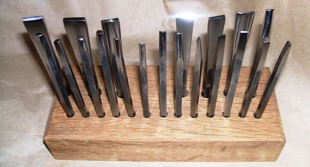 Chasing repousse silversmith tools 20 pieces with oak base sold Marshall Hansen Design