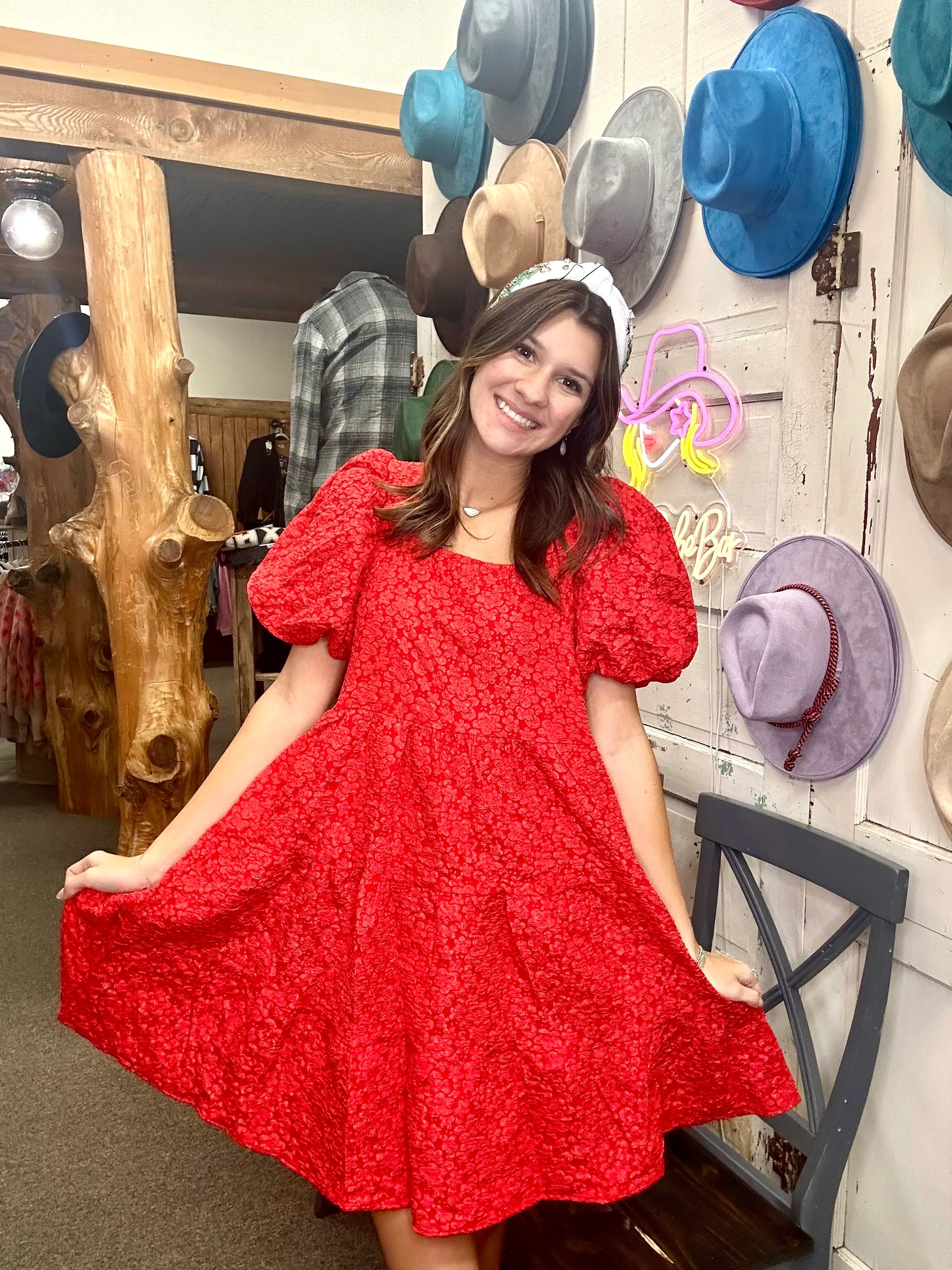 Holly berry red Jacquard babydoll dress Martha Gene