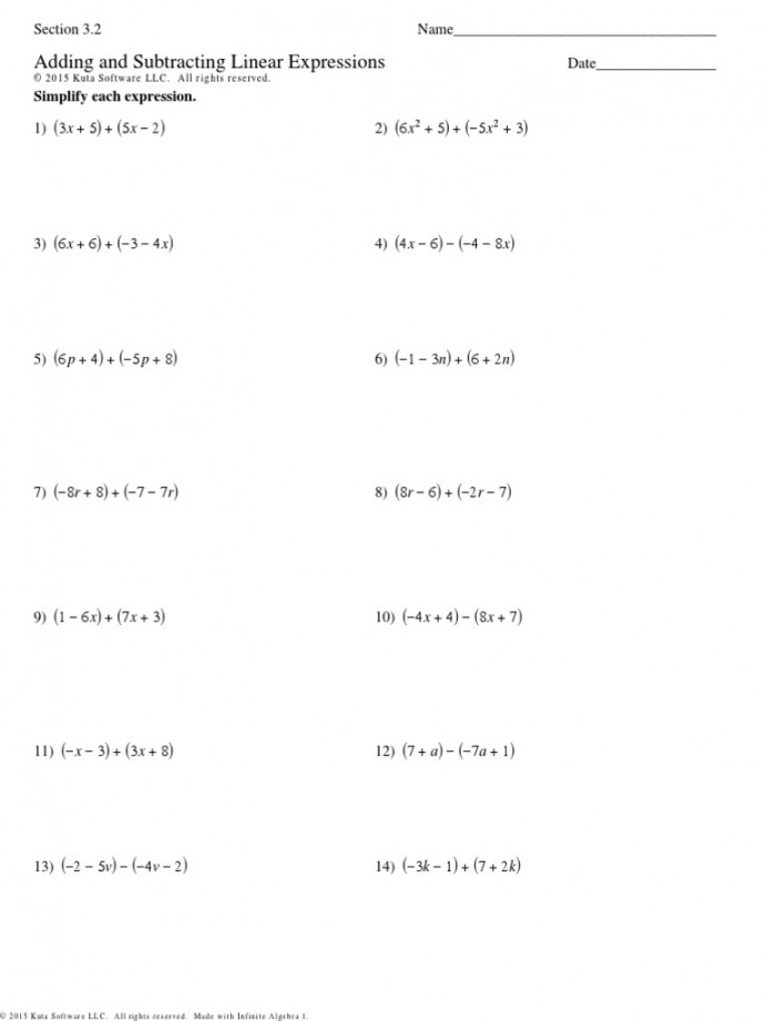 Add And Subtract Linear Expressions Worksheet Martin Lindelof