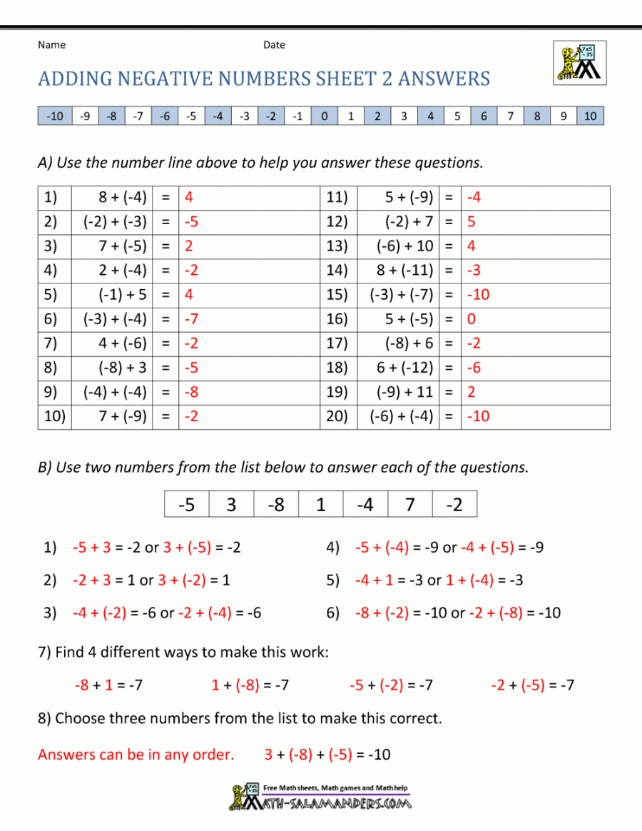 Adding Positive And Negative Numbers Worksheet