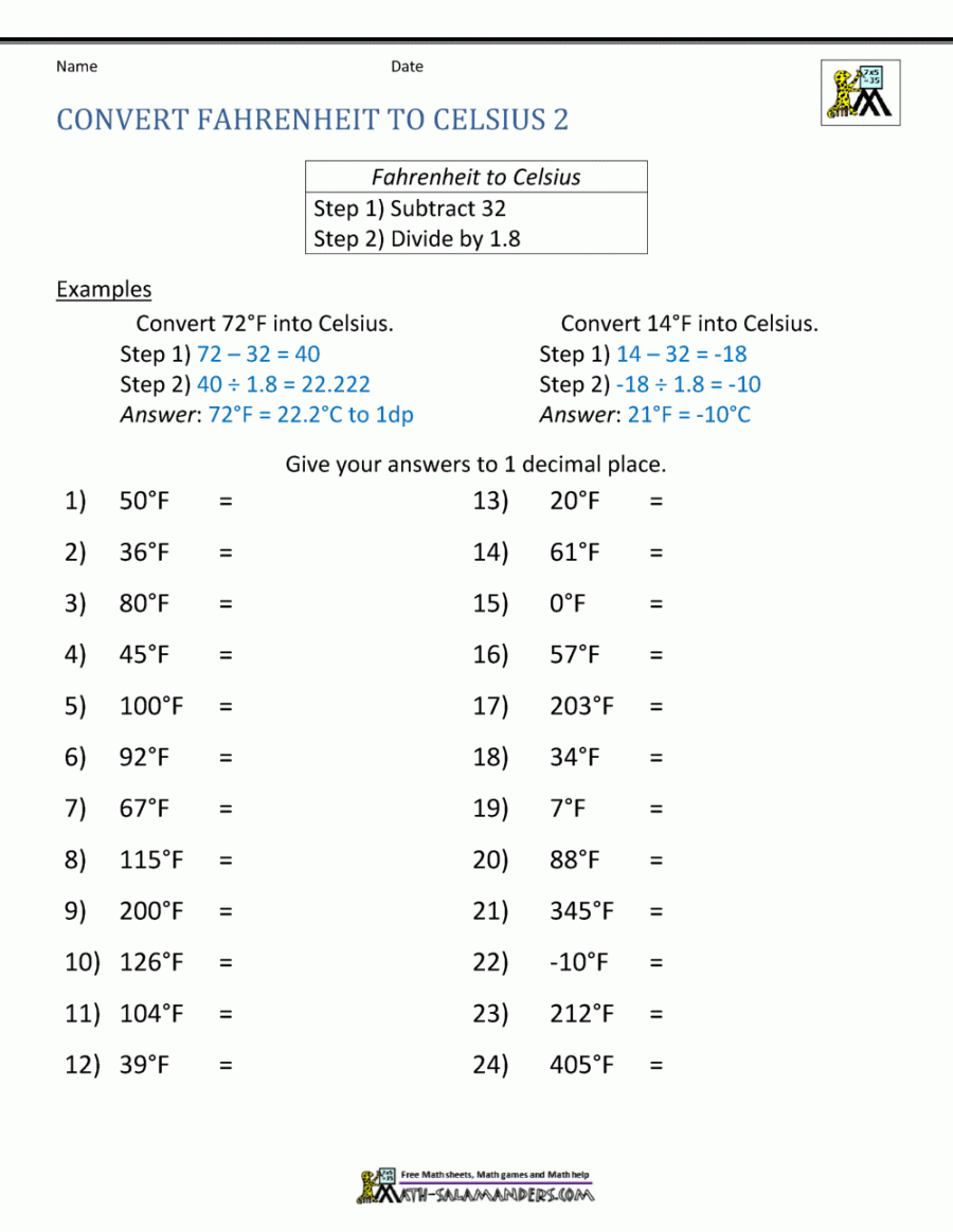 Converting Celsius To Fahrenheit Practice Worksheet Printable PDF Template