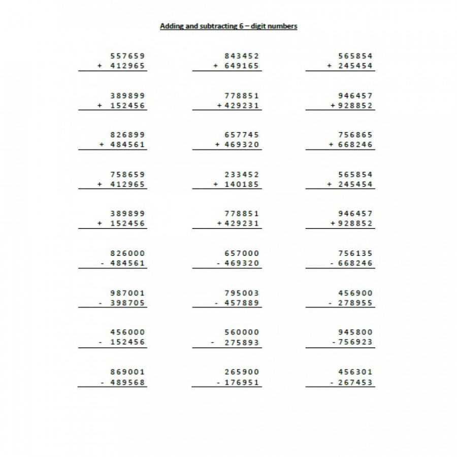 6 Digit Subtraction Worksheet 6 Digit Subtraction Worksheet
