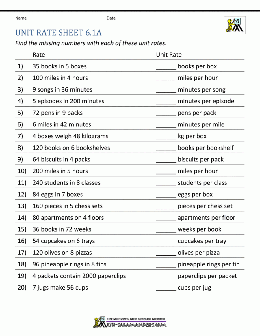 Unit Rate Worksheet 7th Grade Pdf