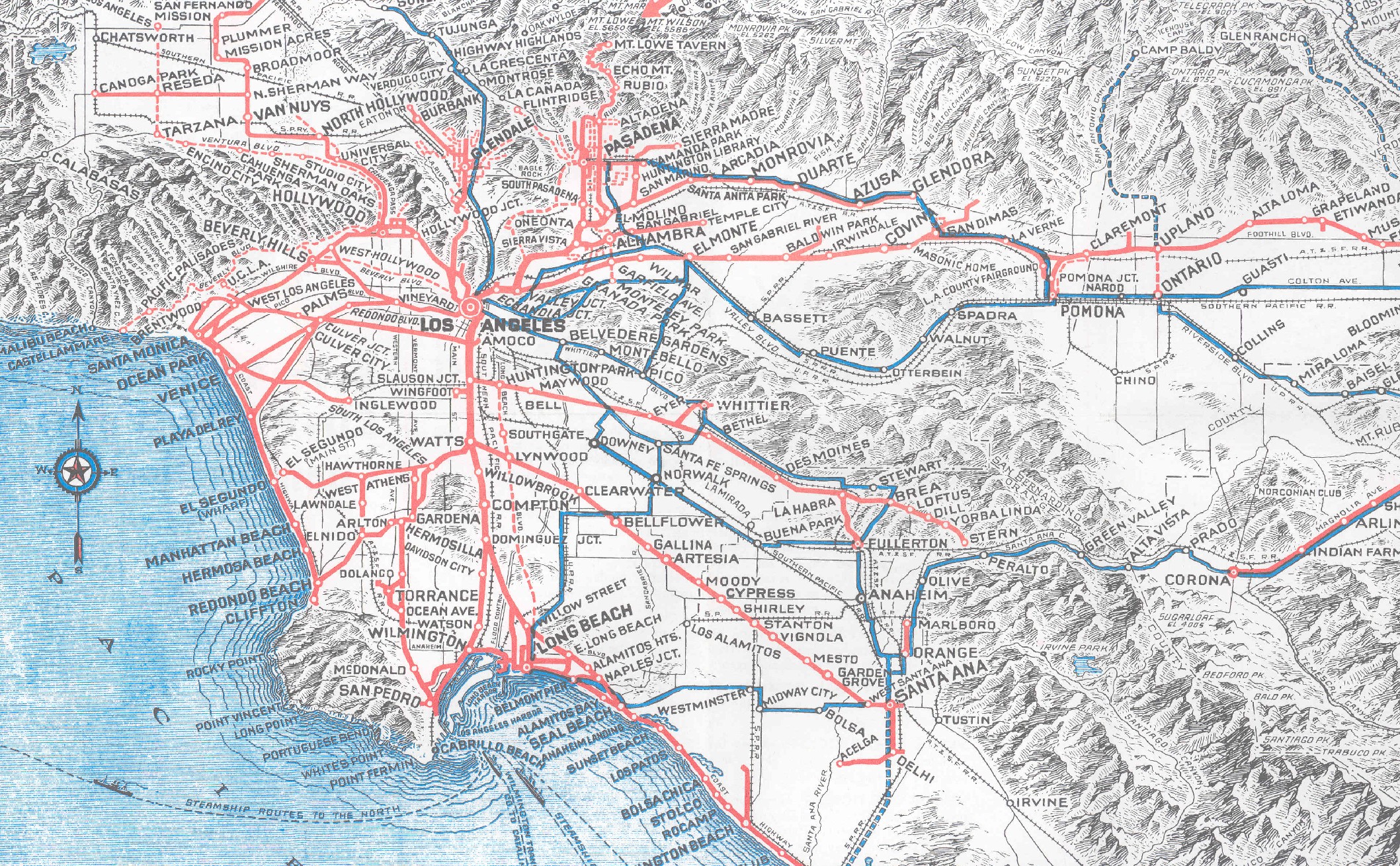 1925 map of the Pacific Electric public transportation network