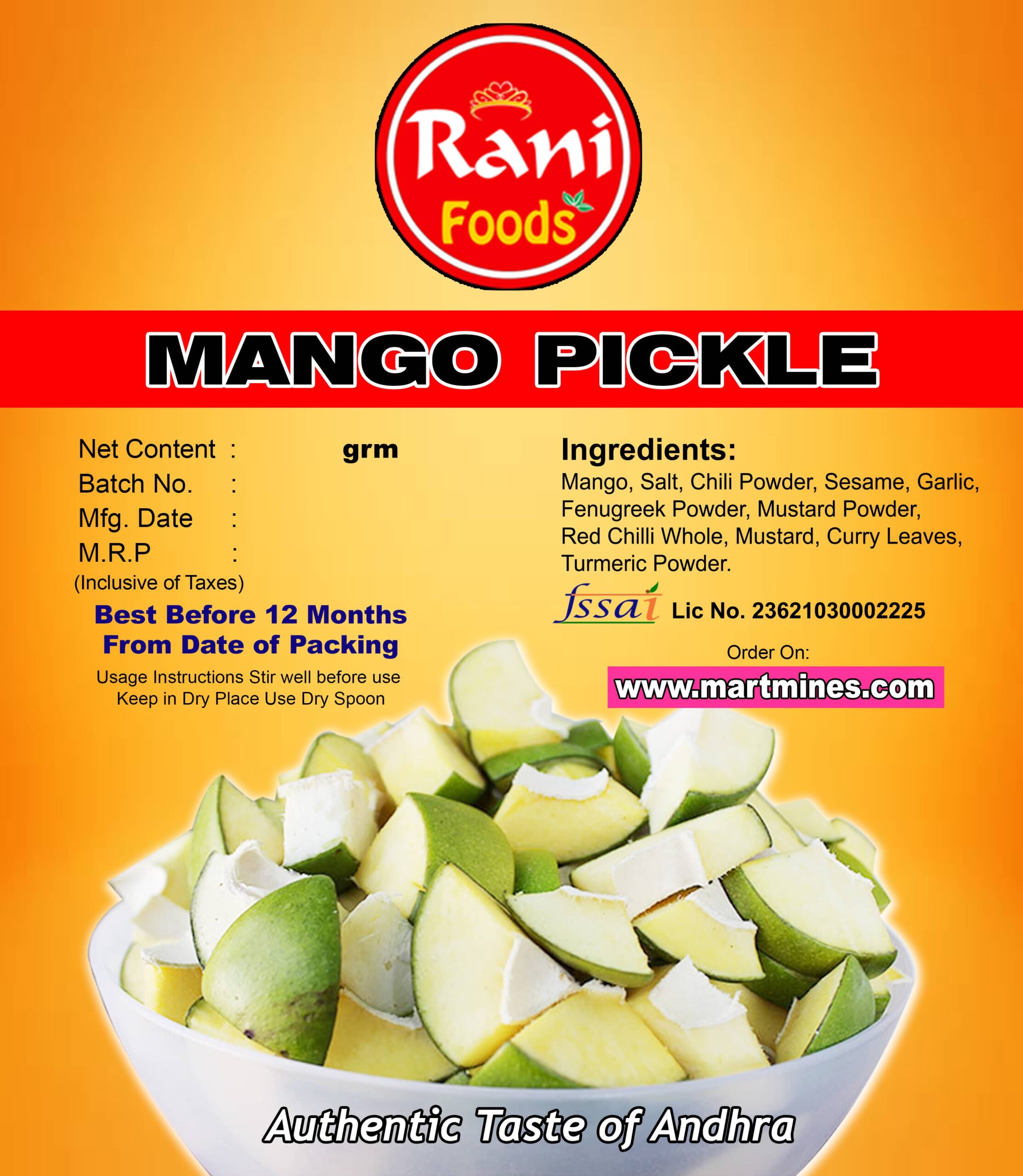 Cut Mango Pickle (Avakaya Pachadi) Veg Pickles Hyderabad Martmines