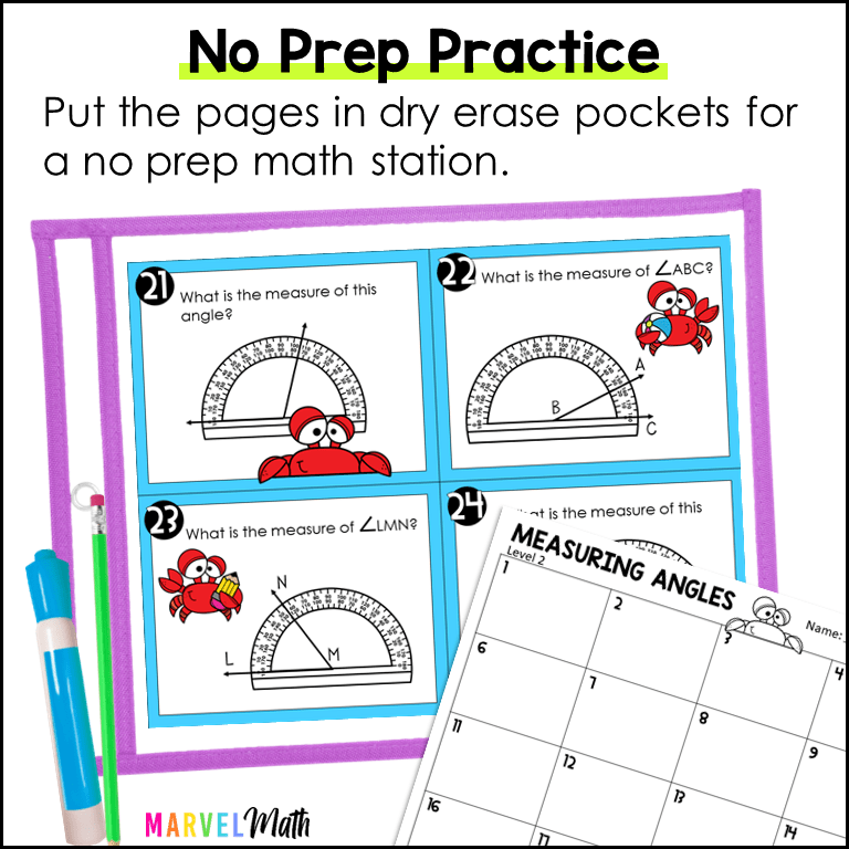 Measuring Angles with a Protractor Task Cards Marvel Math