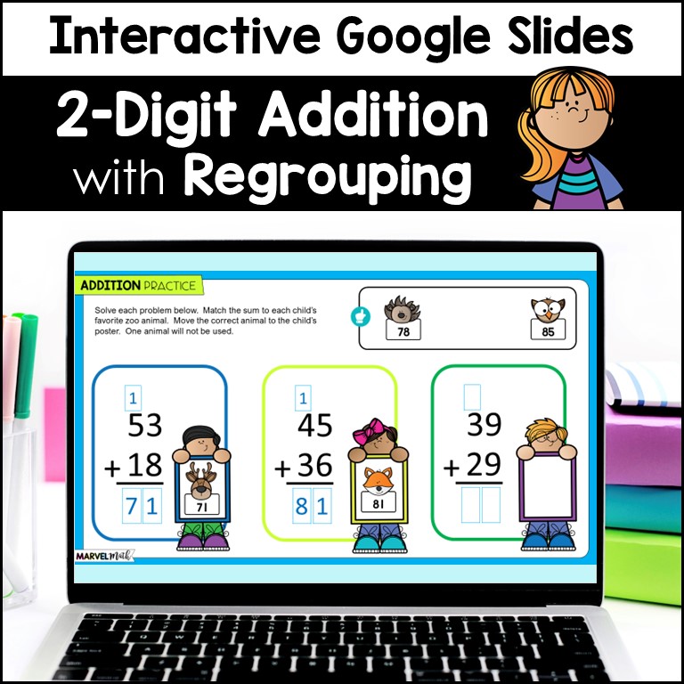 2 Digit Addition with Regrouping #2 - Practice Activities - Marvel Math