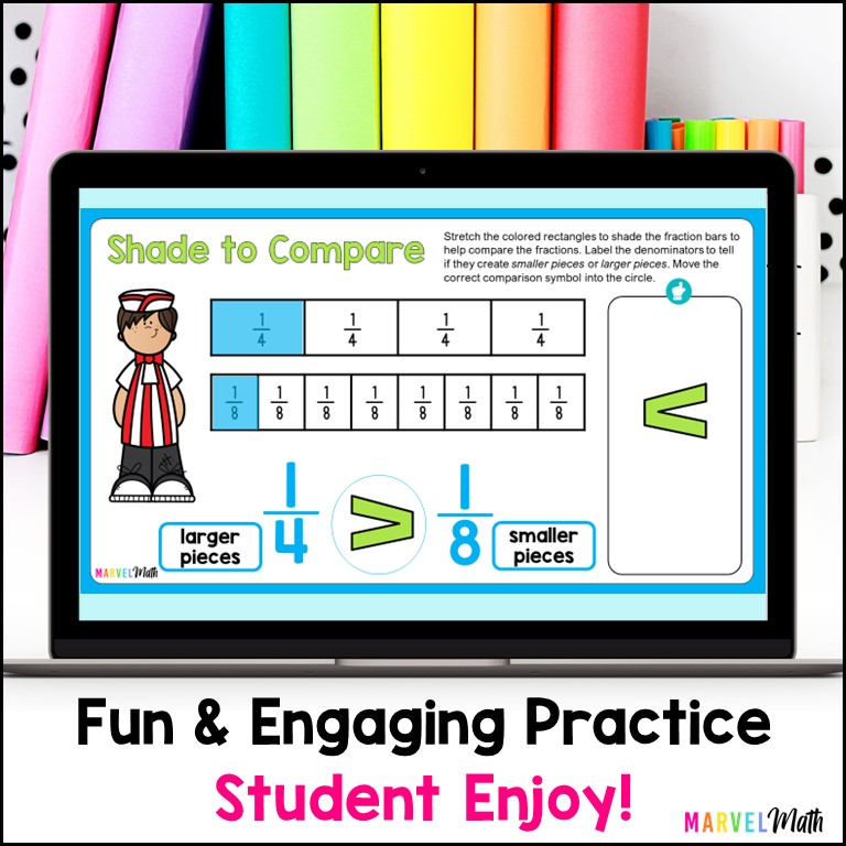 Comparing Unit Fractions Google Slides TEKS 3.3H, 3.NF.3d Marvel Math