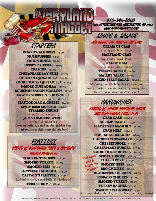 Maryland Mallet Restaurant Westminster MD Steamed Crab Carryout Carroll