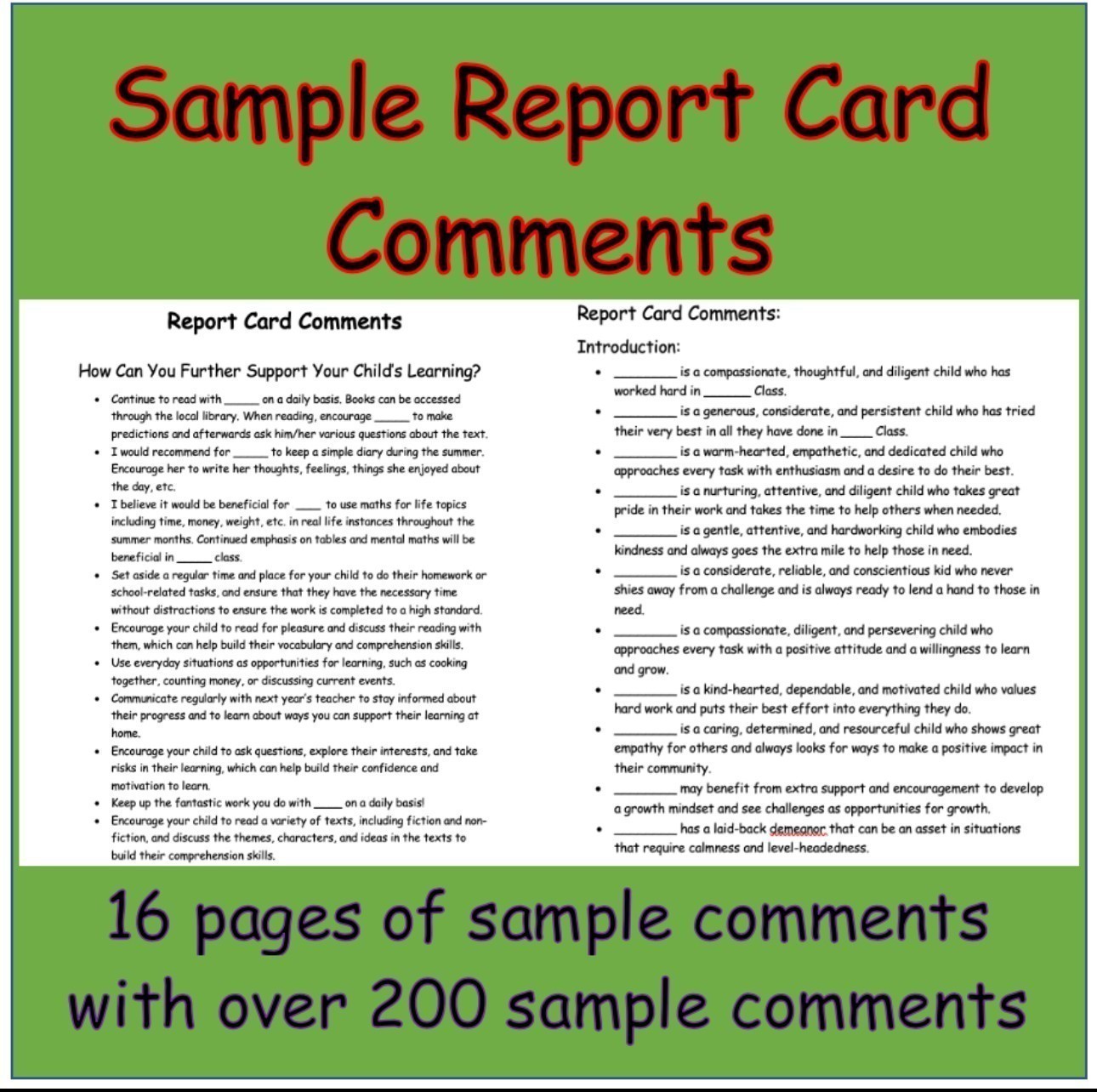 Report Card Comments Examples