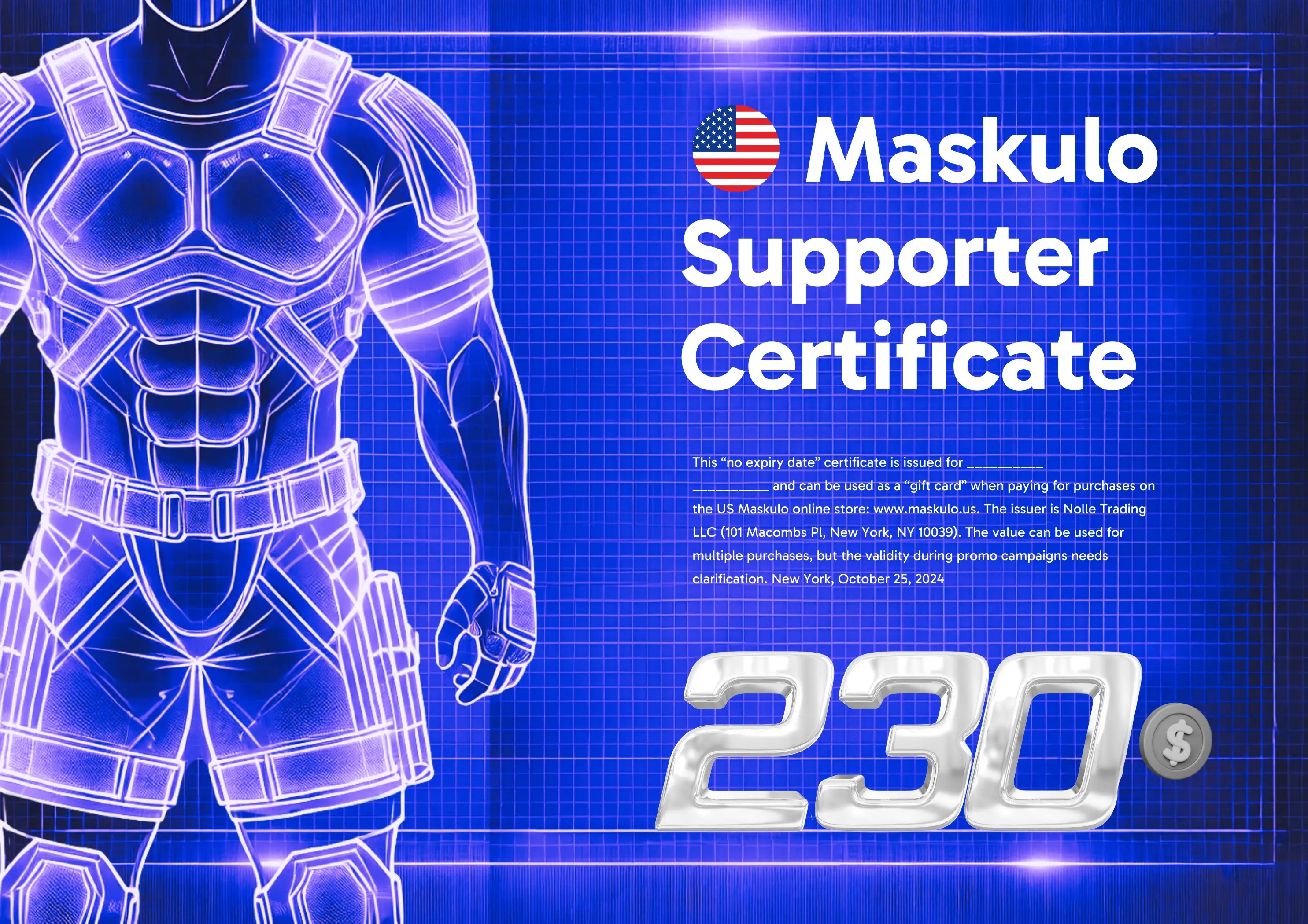 "Maskulo Supporter 230" gift card for 199 Nolle Trading LLC MSKL