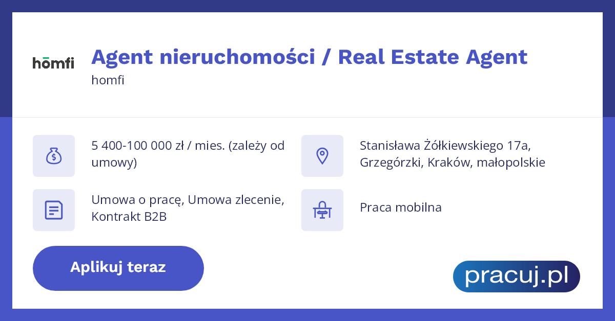 Oferta pracy Agent nieruchomości / Real Estate Agent, homfi, Kraków