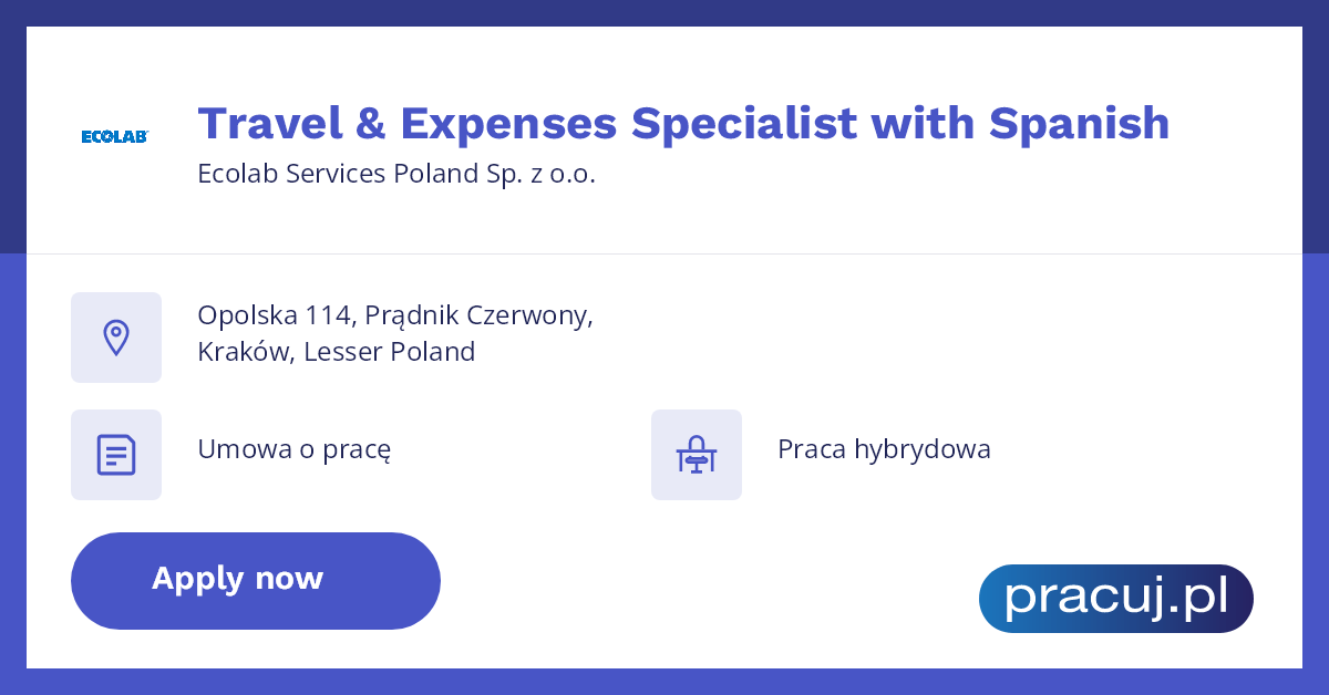 Oferta pracy Travel & Expenses Specialist with Spanish, Ecolab Services